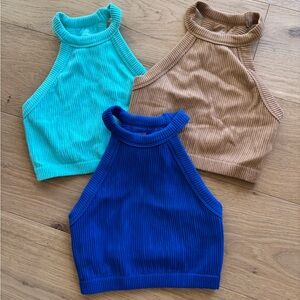 BUNDLE 3 Aerie Ribbed Halter Tops in Blue, Brown, and Teal